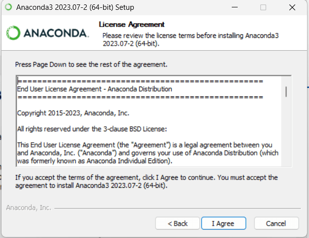 Deuxième fenêtre d'installation d'Anaconda. Conditions d'utilisation